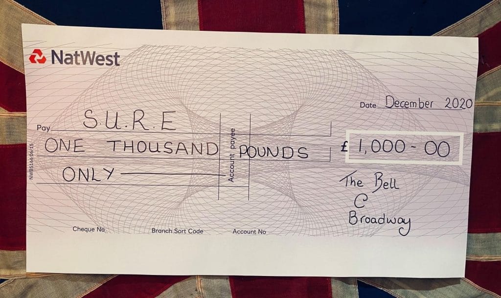 £1000 cheque from The Bell at Broadway